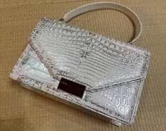 【美品】JUNKO KOSHINO武知本クロコダイルハンドバッグホワイトシルバー
