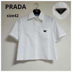 PRADA♡プラダ コットンポプリンシャツ 三角ロゴ クロップド丈 42 白