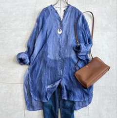 美品✨ ミズイロインド ピグメントダイ スタンドカラーシャツワンピース ブルー