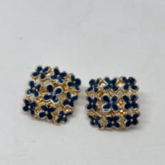 イヤリング 花柄 菱形 青×金色 アンティークのサムネイル