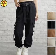 カーゴパンツ カジュアルパンツ レディース 黒 ベルト付きのサムネイル