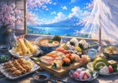【イラスト】富士山と日本食のアートポスターのサムネイル