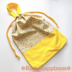 花柄×イエロー【体操着袋、お着替え袋、手持ち付き巾着】ハンドメイド