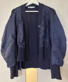 ZARA 異素材コンビ ニットカーディガン ネイビー Sサイズのサムネイル