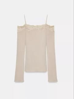 ZARA コントラストオフショルダーTシャツ S ライトベージュ レーストップス ZARA コントラストオフショルダーTシャツ S ライトベージュ レース