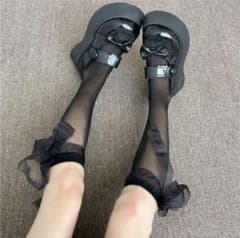 리본 하이삭스 블랙 양말 스타킹 로리타 코스프레 메이드