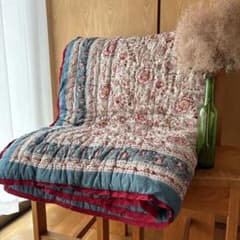 未使用※インド ブロックプリント 中綿入りキルト ナイトブルー　マルチラグ 未使用※インド ブロックプリント 中綿入りキルト ピンクベージュ