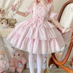 ピンク×レース 3段フリル☆クラシカルロリータ ワンピース 姫系 甘ロリ