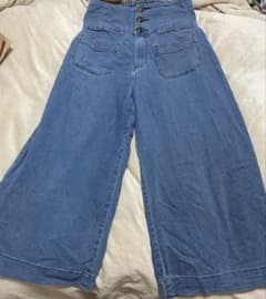 ライトブルー ワイドレッグデニムパンツ ウエスト細見えガウチョパンツ