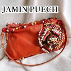 JAMIN PUECH レザー ショルダーバッグ ウッドビーズ 花 オレンジ