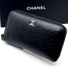 CHANEL シャネル カメリア ラムスキン ラウンドファスナー 長財布 黒