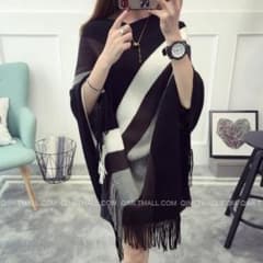 ストライプ フリンジ付きポンチョ 140 ニット モノトーン シルバー