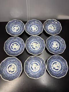 江戸時代後期 古伊万里 染付蛸唐草文 成化年製 輪花型 向付 豆皿 小皿 幕末期 江戸時代後期 古伊万里 染付蛸唐草文 成化年製 輪花型 向付 豆皿 小皿