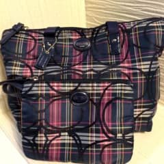 coach　コーチ　　ネイビー　チェック柄トートバッグ　ポーチ付き