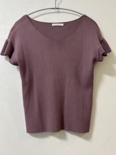 リブ編みパープルVネックTシャツのサムネイル