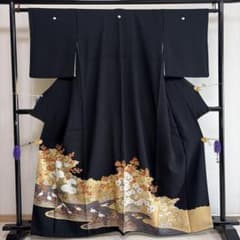 □E6353□美品□正絹□金彩 花鳥柄 五つ紋 袷 黒留袖□丈161 裄63
