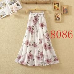 JS FASHION 花柄 シフォン フレアー ロングスカート 白 ピンク