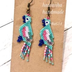 デリカビーズピアス 鳥フリンジピアス ターコイズ✖️ピンクの小鳥
