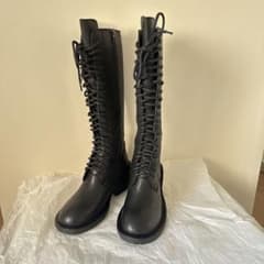 美品　レザー　ロングブーツ　サイドジップ　レースアップ　サイズ：38   黒のサムネイル
