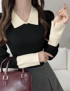 Shien(洗濯済み)襟付き パフスリーブ リブニット 長袖のサムネイル