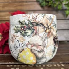 リメイク鉢 4号ふっくら丸鉢 クリスマス 金色リボン 黄色たまごの