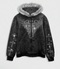 SHEIN ROMWE フェイクファー付き ジップアップ パーカー ブラックのサムネイル
