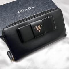 ◇極美品◇プラダ　サフィアーノレザー長財布　ロゴ金具　リボンデザイン　ブラック ◇美品◇プラダ サフィアーノレザー長財布 リボンデザイン ロゴ金具