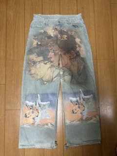 顔イラスト ワイドレッグデニムパンツ　アートパンツのサムネイル