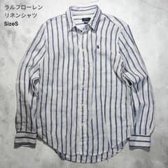 ​ラルフローレンリネンシャツ S ストライプブルーホワイト　レディース 春夏人気 ラルフローレンリネンシャツ S ストライプブルーホワイト レディース