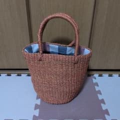 かごバッグ オレンジ 　チェック柄内袋付　　美品のサムネイル