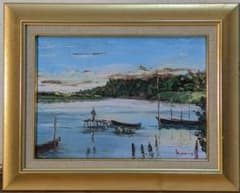 真作】絵画 油彩4号 江戸川 舟と桟橋のある静かな水辺 額装 水辺風景