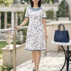 美品✨LEONARD レオナール コットン100% ワンピース トリム 総柄 白