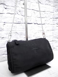 美品】PRADA プラダ ロゴ刺繍 チェーン ショルダー カメラ バッグ 黒 