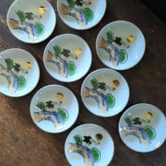 蔵出し 骨董品 古道具 古伊万里 色絵豆皿 小皿 手塩皿 松鶴月 9枚