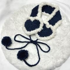 ハート イヤーマフ ハンドメイド 編み物 フワフワ リボン ネイビー×ホワイト