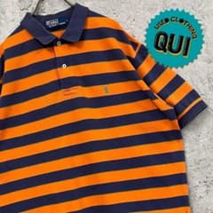 90s USA古着○ポロラルフローレン ボーダーポロシャツ オレンジ メンズXLのサムネイル