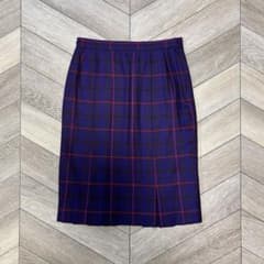 チェック柄 タイトスカート 裾プリーツ入り パープル×レッド ミモレ丈 M相当