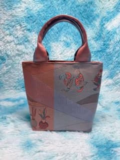 帯リメイク ツートン鶴花文 ミニトートバッグハンドメイドのサムネイル