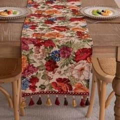 テーブルランナー 180×33cm ジャガード タッセル 花柄 アンティーク