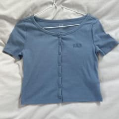GAP リブ 半袖 ボタンフロント Tシャツ ブルーのサムネイル