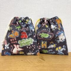 コップ巾着袋　マウス柄　２点セット　綿麻　グレーのサムネイル
