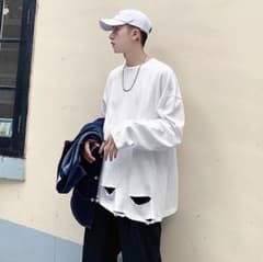 【大人気】　Tシャツ　長袖　冬　秋　メンズ　韓国　白　XL　ダメージ　無地のサムネイル