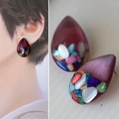 No.100 パープルピンク　さざれ石　しずく　ピアスのサムネイル