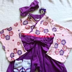 袴ロンパース 髪飾り 草履風靴下セット 紫 パープル 80のサムネイル
