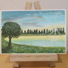 原画：ハガキサイズ】 朝日が昇る湖 オイルパステル画 - メルカリ