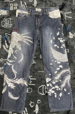 絡繰魂 刺繍デザイン ダークブルー デニムパンツのサムネイル