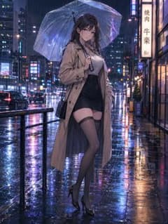 【イラスト】雨の夜の街角と女性 アートポスターのサムネイル