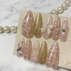 ネイルチップ　現品販売　ツイード　リボン　ライトピンク　キラキラ　ラメ　ハートのサムネイル