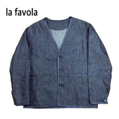 la favola ノーカラー リネン ジャケット 麻 牛革 ブラック 2