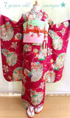 七五三7歳 アンティーク ラズベリーピンク万華鏡みたいな花薬玉柄着物作り帯セットのサムネイル